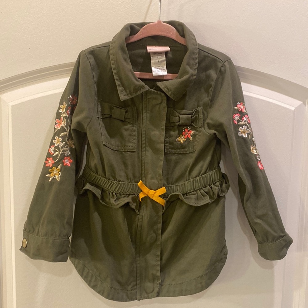 Olive Green Jacket with ruffles and Embroidery